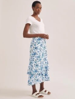 Lotta Cotton Blend Maxi Skirt - White Blue Palm Floral -Cefinn Clothing Store SU24 SK189 LOTTA WHITEBLUEPALMFLORAL LS 2307