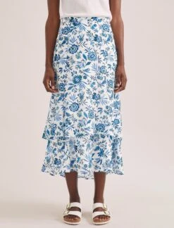 Lotta Cotton Blend Maxi Skirt - White Blue Palm Floral -Cefinn Clothing Store SU24 SK189 LOTTA WHITEBLUEPALMFLORAL LS 2315