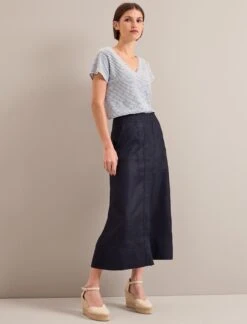 Safia Techni Linen Midi Skirt - Navy -Cefinn Clothing Store SU24 SK190 SAFIA NAVY LS 24953