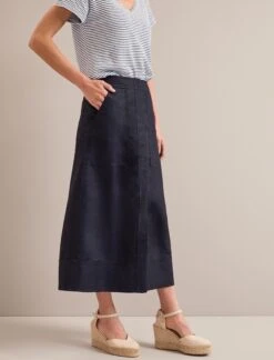 Safia Techni Linen Midi Skirt - Navy -Cefinn Clothing Store SU24 SK190 SAFIA NAVY LS 25073