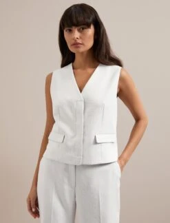 Deacon Linen Blend Waistcoat - Pearl -Cefinn Clothing Store SU24 W8 DEACON PEARL LS 0094