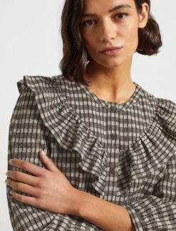 Nessa Long Sleeve Frill Cotton Seersucker Blouse - Black/Cream Check -Cefinn Clothing Store WI21 S47 NESSA BLACK CREAM LS 1286