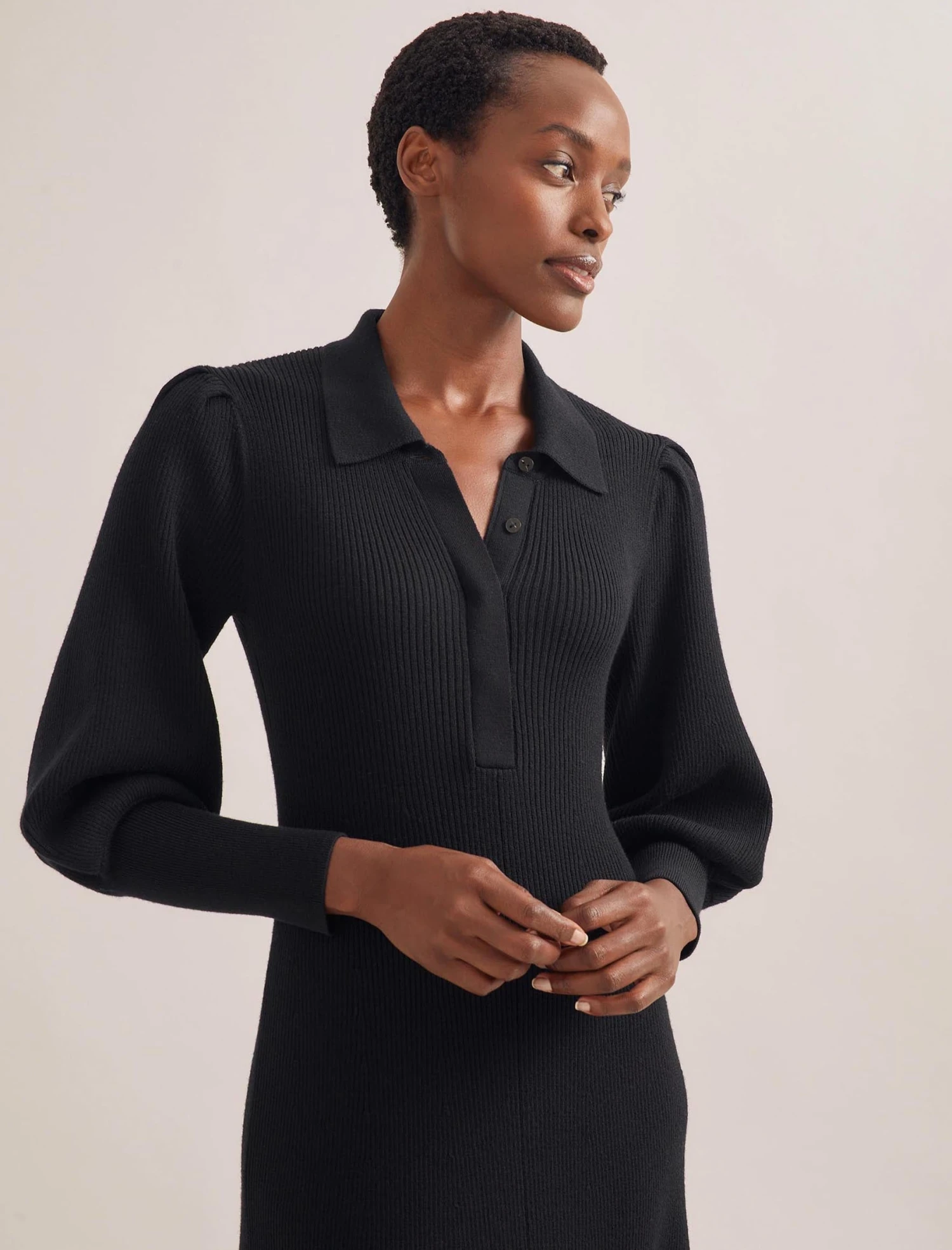 Eva Merino Wool Collared Knit Maxi Dress - Black 4 Eva Merino Wool Collared Knit Maxi Dress - Black - Image 2