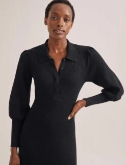 Eva Merino Wool Collared Knit Maxi Dress - Black 14 Eva Merino Wool Collared Knit Maxi Dress - Black -Cefinn Clothing Store WI23 D574 EVA BLACK LS 1978