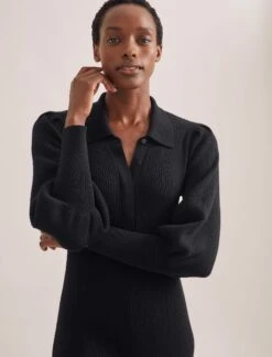 Eva Merino Wool Collared Knit Maxi Dress - Black 12 Eva Merino Wool Collared Knit Maxi Dress - Black -Cefinn Clothing Store WI23 D574 EVA BLACK LS 1980