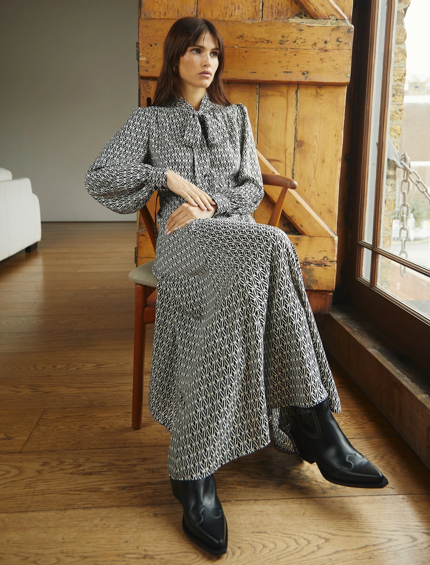 Elspeth Maxi Dress - Ecru Black Trellis Print 3 Elspeth Maxi Dress - Ecru Black Trellis Print