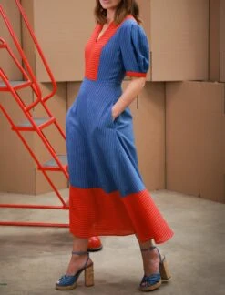Imogen Techni Voile Midi Dress - Cornflower Blue Crimson Stripe -Cefinn Clothing Store headchopimogen