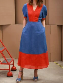 Imogen Techni Voile Midi Dress - Cornflower Blue Crimson Stripe -Cefinn Clothing Store headchopimogen2